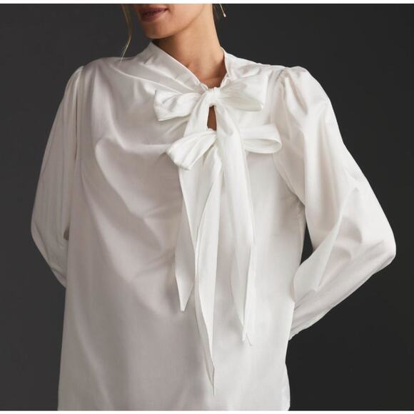 Anthropologie Maeve Poplin Double Tie White Long Sleeve Blouse - Picture 2 of 8